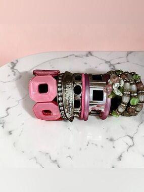 Vintage Pink & Green Bracelet Stack Multi-Strand Statement Beaded Cuff